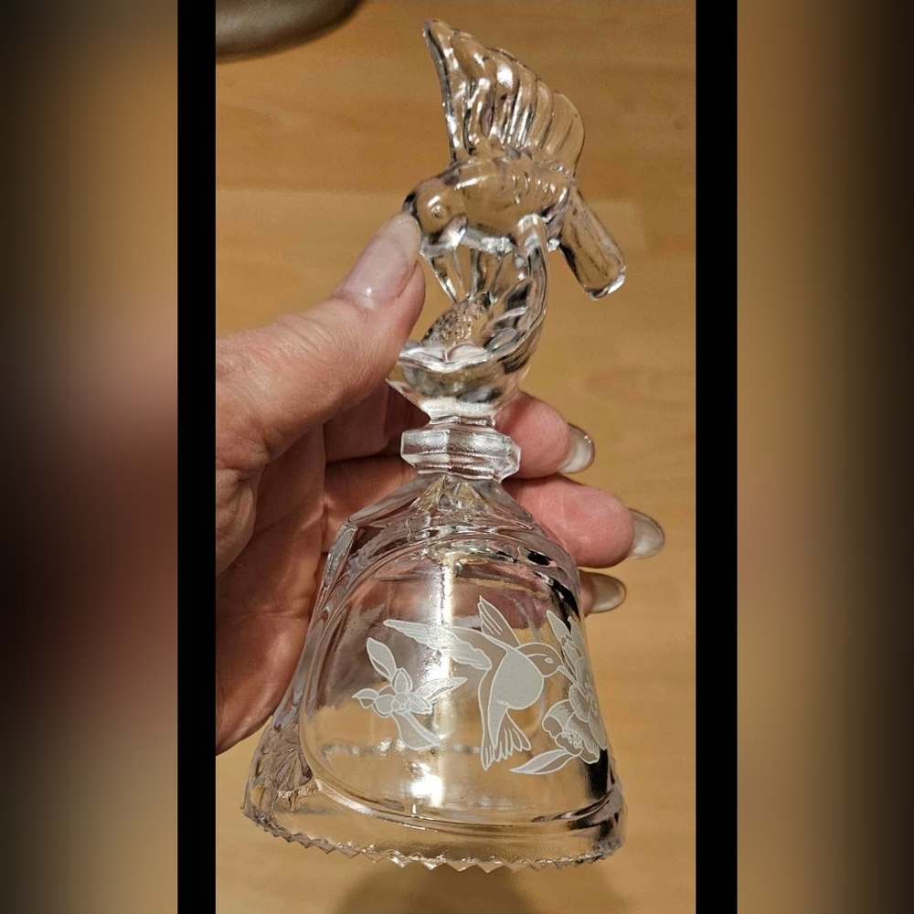 Vintage Etched Crystal Glass Hummingbird Bell 5.5"tall and 3" wide